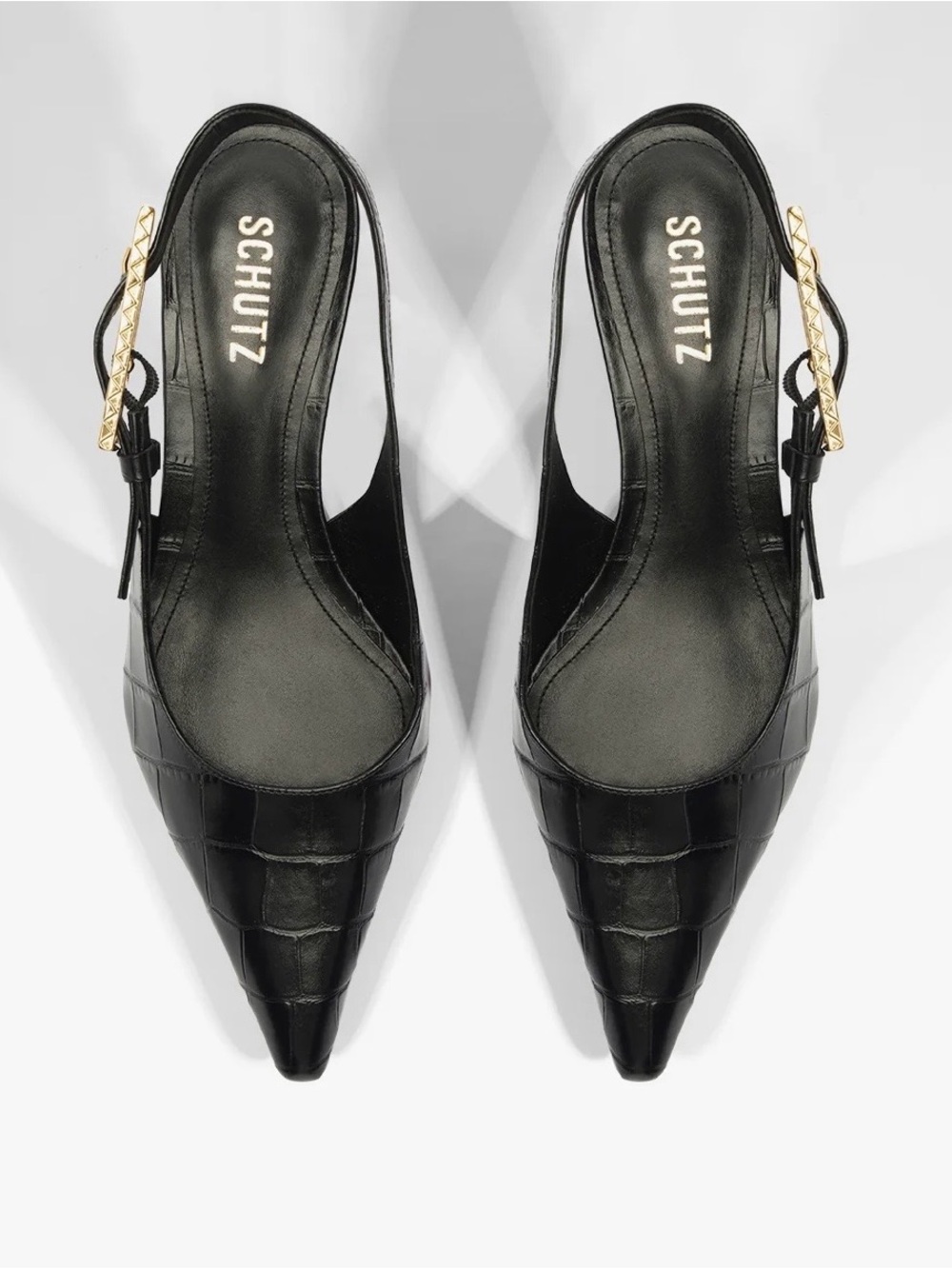 SCHUTZ Leather Black Croc-Embossed Slingback with Gold Heel